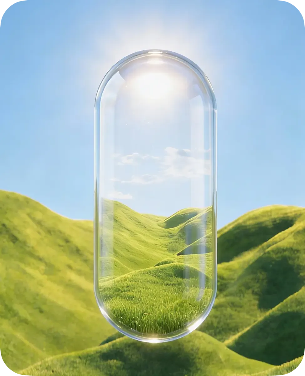 Green hills inside a glass capsule